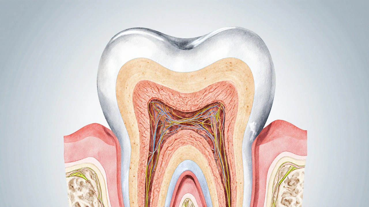 Detailní vědecká ilustrace řezu zubu zobrazující sklovinu, dentin, dřeň a kořenové struktury.