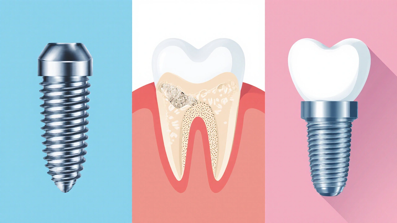 Ilustrace porovnává titanové a zirkonové implantáty, augmentaci kosti a korunku.