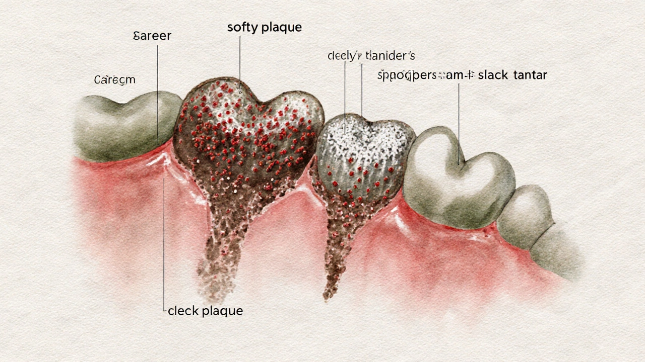 Ilustrace přeměny plaků na černý zubní kámen s pigmenty a minerály.