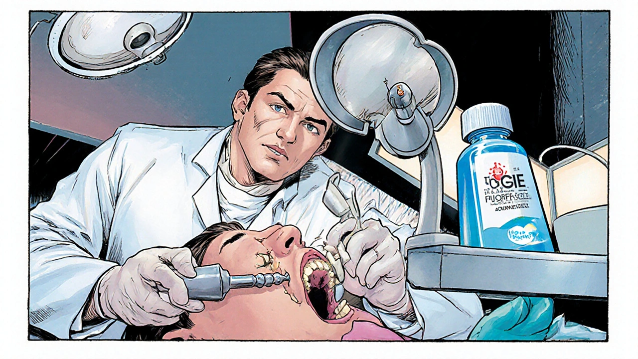 Komiksová scéna, kde zubař odstraňuje kaz a připravuje fluorid.