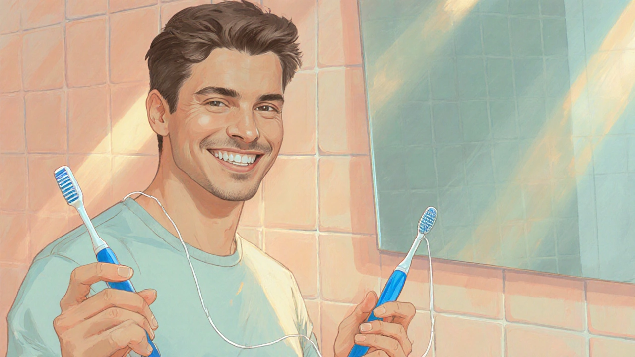 Osoba s čistým úsměvem po dentální hygieně, drží kartáček a nit v koupelně.