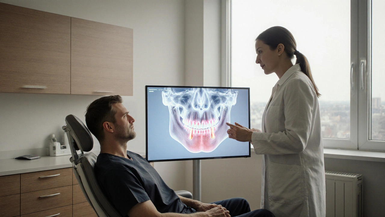 Pacient konzultuje plán implantace s dentálním specialistou v moderní klinice.