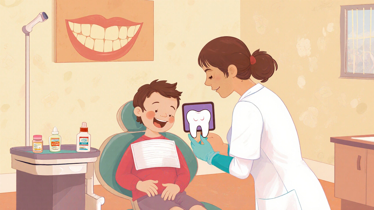 Pediatrický zubař kontroluje zuby dítěte v přátelské ordinaci, ukazuje fluoridační ošetření.