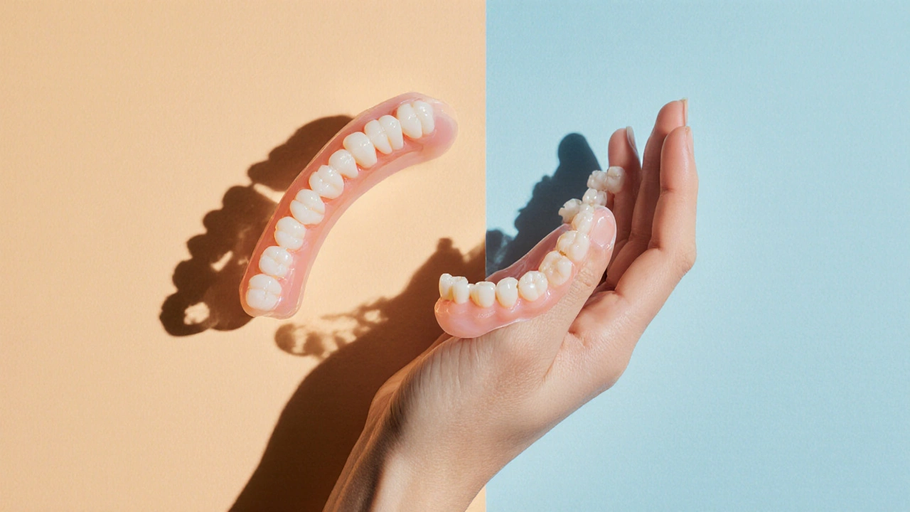 Porovnání levných a kvalitních nalepovacích zubů vedle sebe.