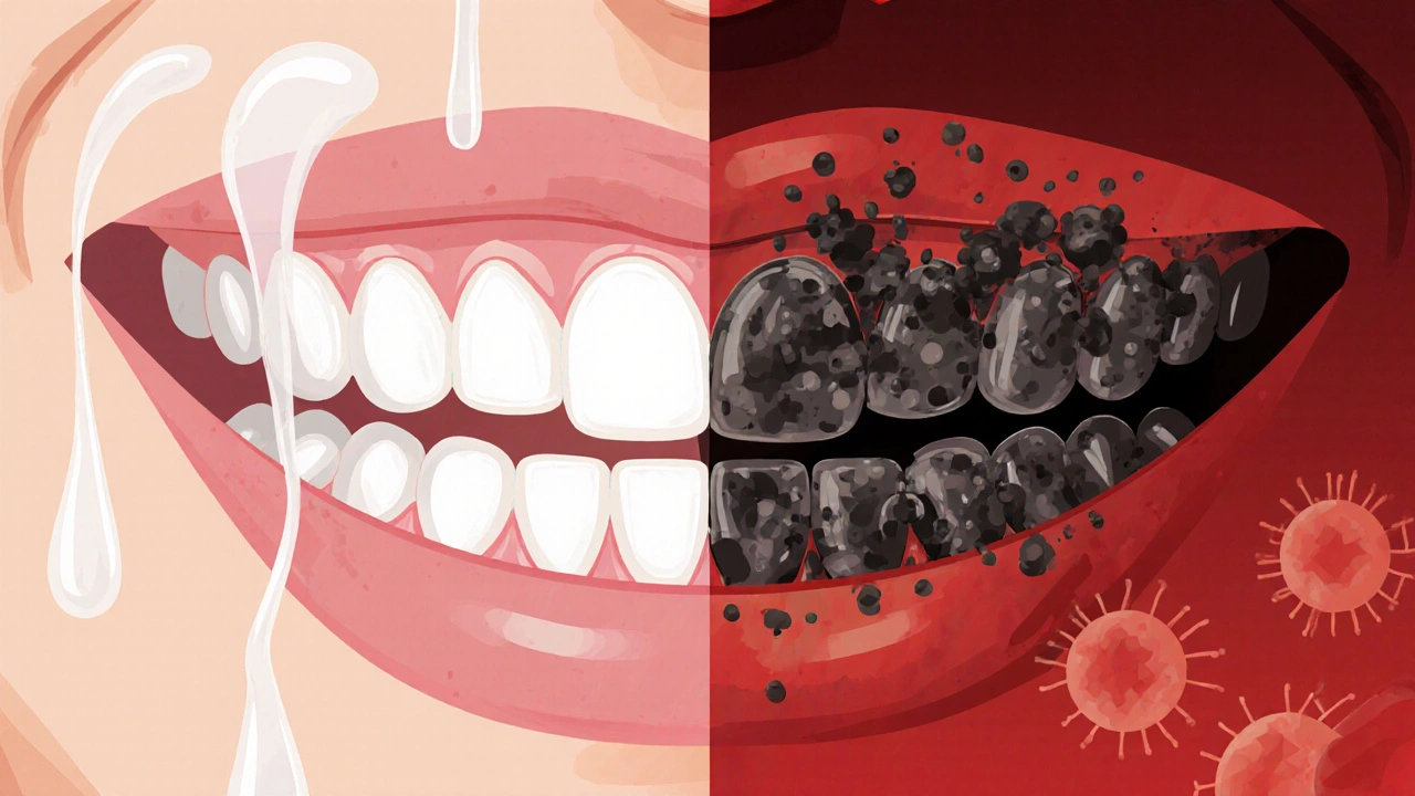 Porovnání zdravého ústního prostředí a zubního kamene s bakteriemi a poškozenými dásněmi.