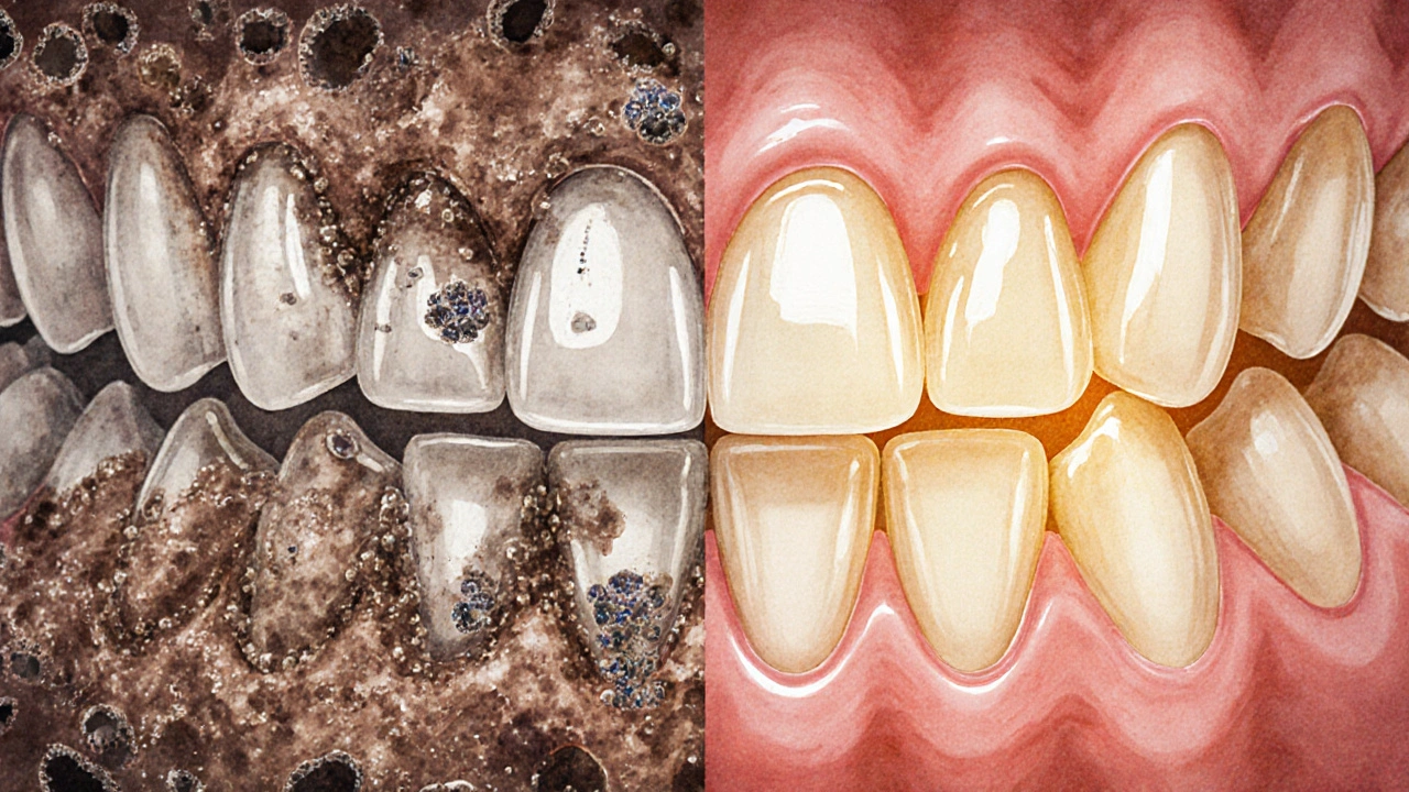 Side-by-side comparison of stained tooth surface and smooth polished enamel with microscopic bacteria.