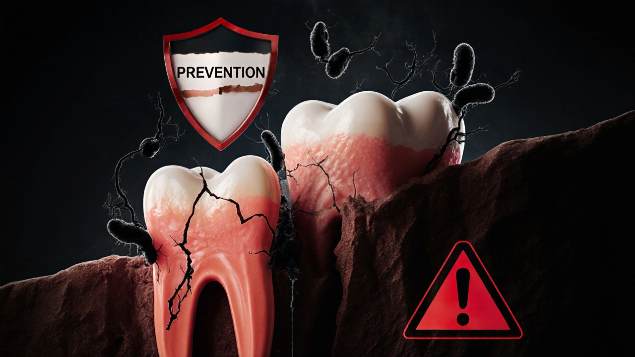 Symbolický obrázek kazu šířícího se po kořeni zubu do kosti.