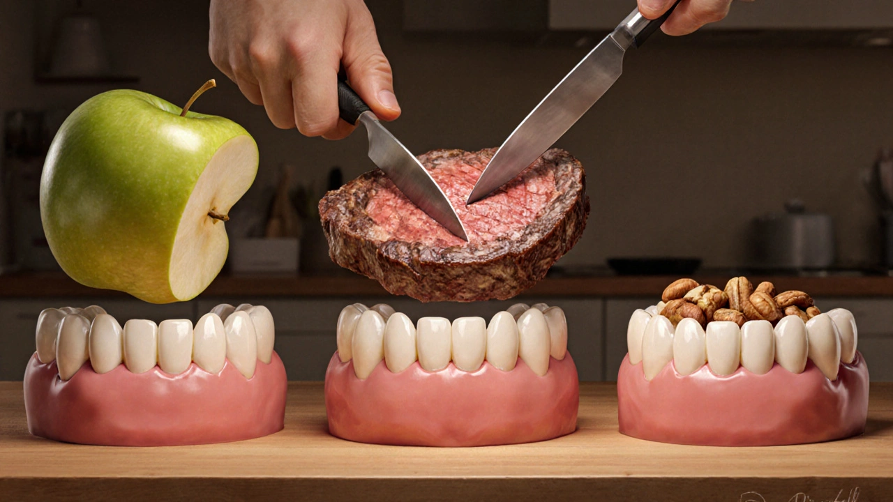Umělecká kresba ukazující různé potraviny (jablko, steak, ořechy) zpracovávané odpovídajícími typy zubů.