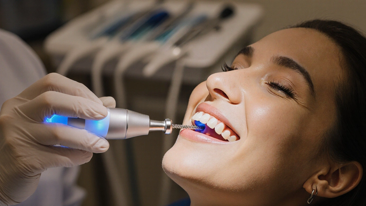 Zubní hygienistka odstraňuje černý kámen pomocí ultrazvukového skaleru v ordinaci.