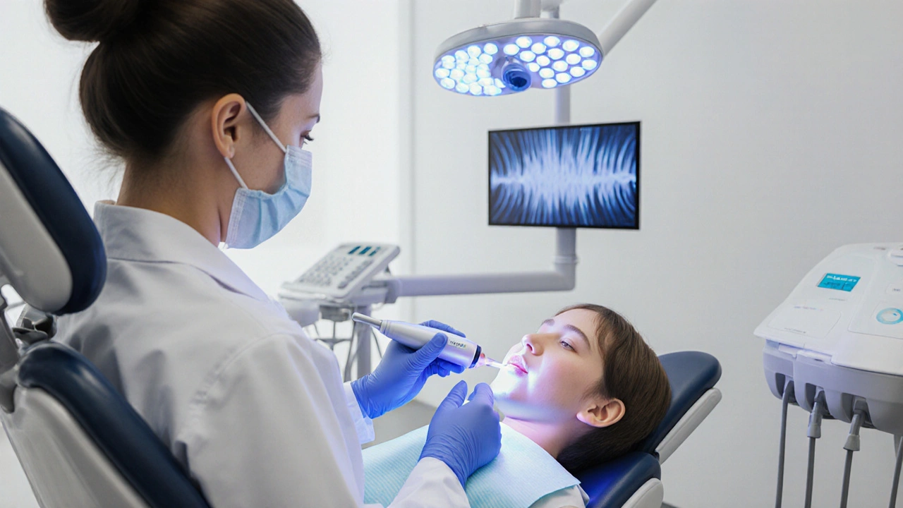 Zubní lékař používá ultrazvukový čistič na dětský zub, klinické prostředí.