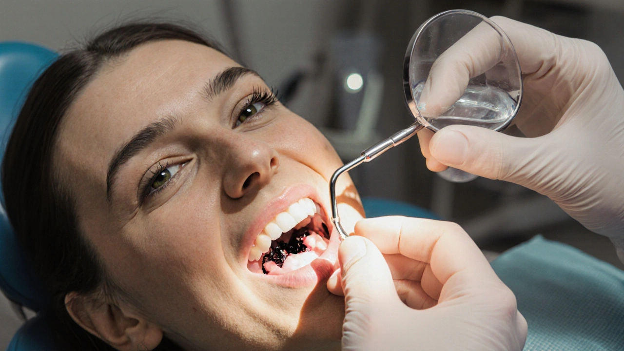 Zubní lékař prohlíží zub s odhalenými dásněmi a kazu pomocí zrcátka.