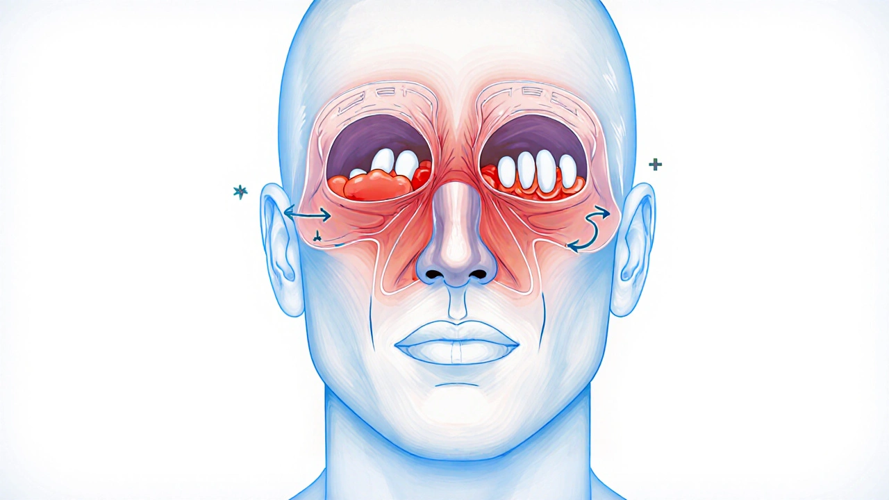Anatomický náčrt ukazující tlak sinů na kořeny předních zubů během chřipky.