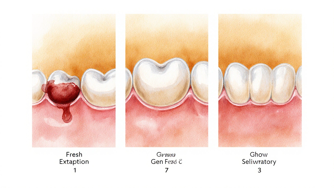 Časová osa hojení dásně po vytržení zubu: krevní sraženina, uzavírání a obnova.