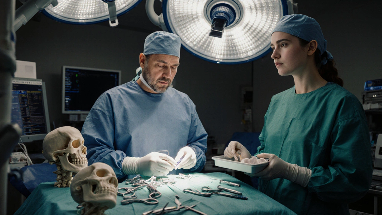 Chirurgický tým během dlouhé operace obličeje s detaily nástrojů a modelů.