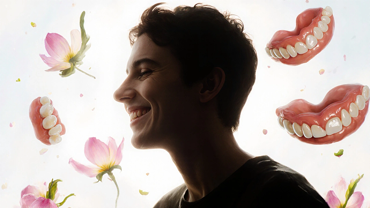 Člověk kročí ze stínu do světla, jeho úsměv se objevuje jako symbol sebevědomí.