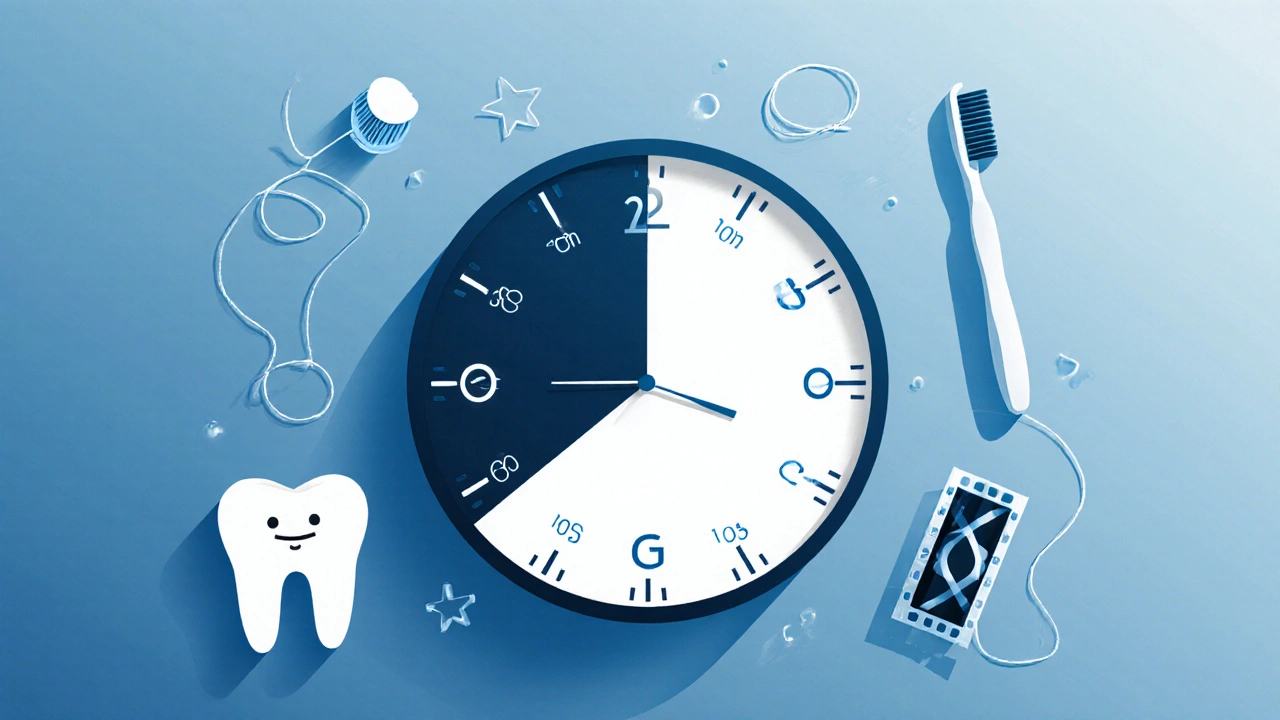 Conceptual clock with dental symbols representing the 30 to 60-minute duration of a first dental visit.