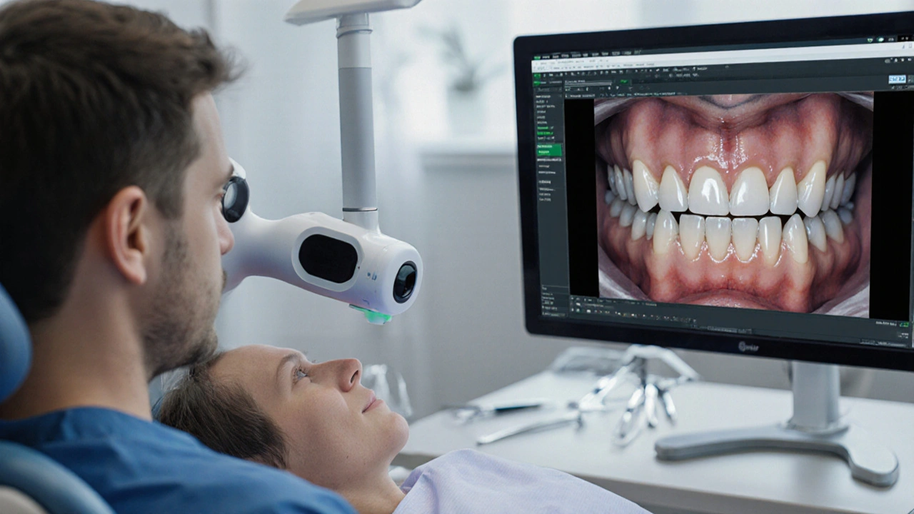 Dentista používá digitální skener k analýze kontaktů zubů