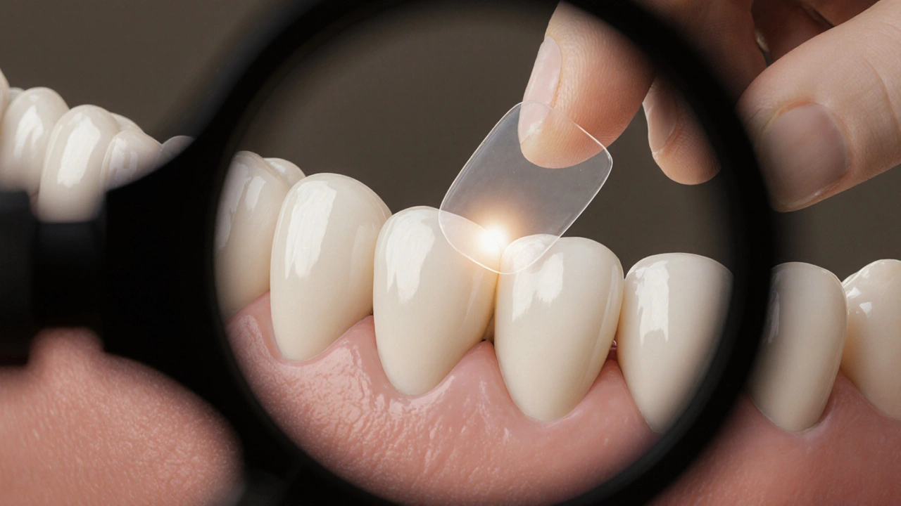 Dentista přikládá tenkou keramickou fazetu na zub s detailním zobrazením emailu.