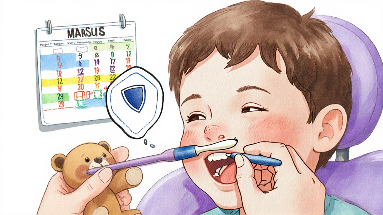 Dětský zubní lékař aplikuje tmel na mléčný zub, nad zubem se objevuje štít jako symbol ochrany.