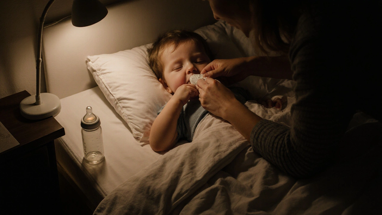 Dítě v posteli s prázdnou láhvičkou vedle, rodič čistí dětské zuby před spaním.