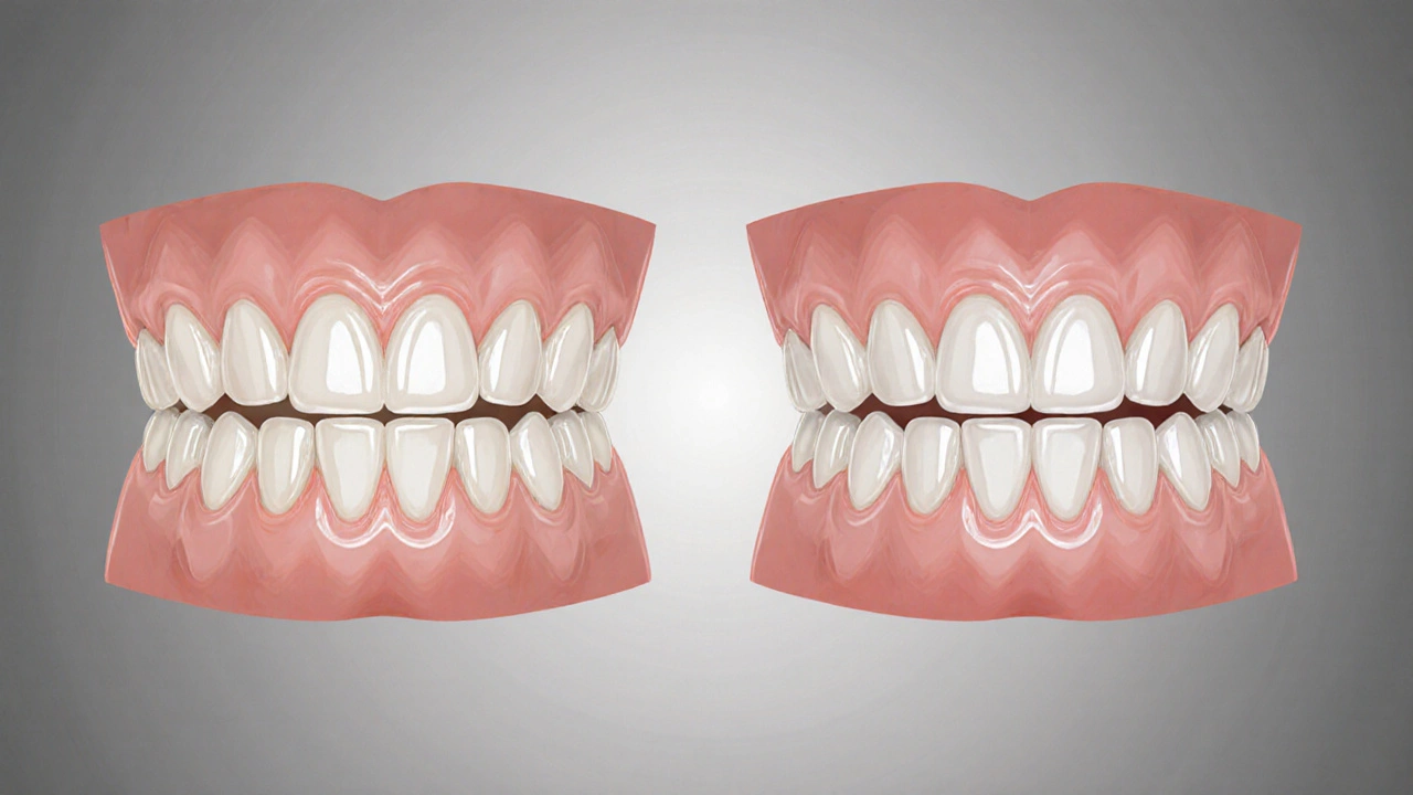 Dva zuby vedle sebe: jeden přirozený, druhý s fazetou – přechod od nekvalitního k dokonalému úsměvu.