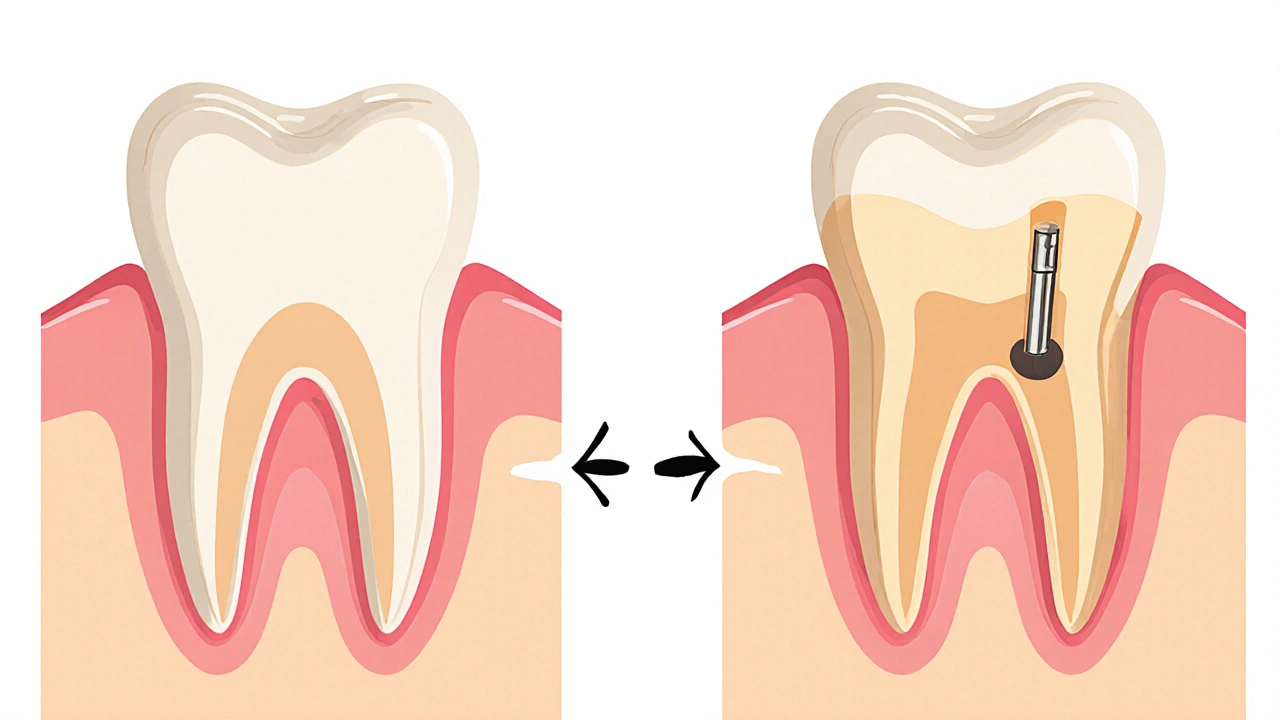 Healthy tooth root with crown preserving jawbone, compared to bone loss after tooth extraction.