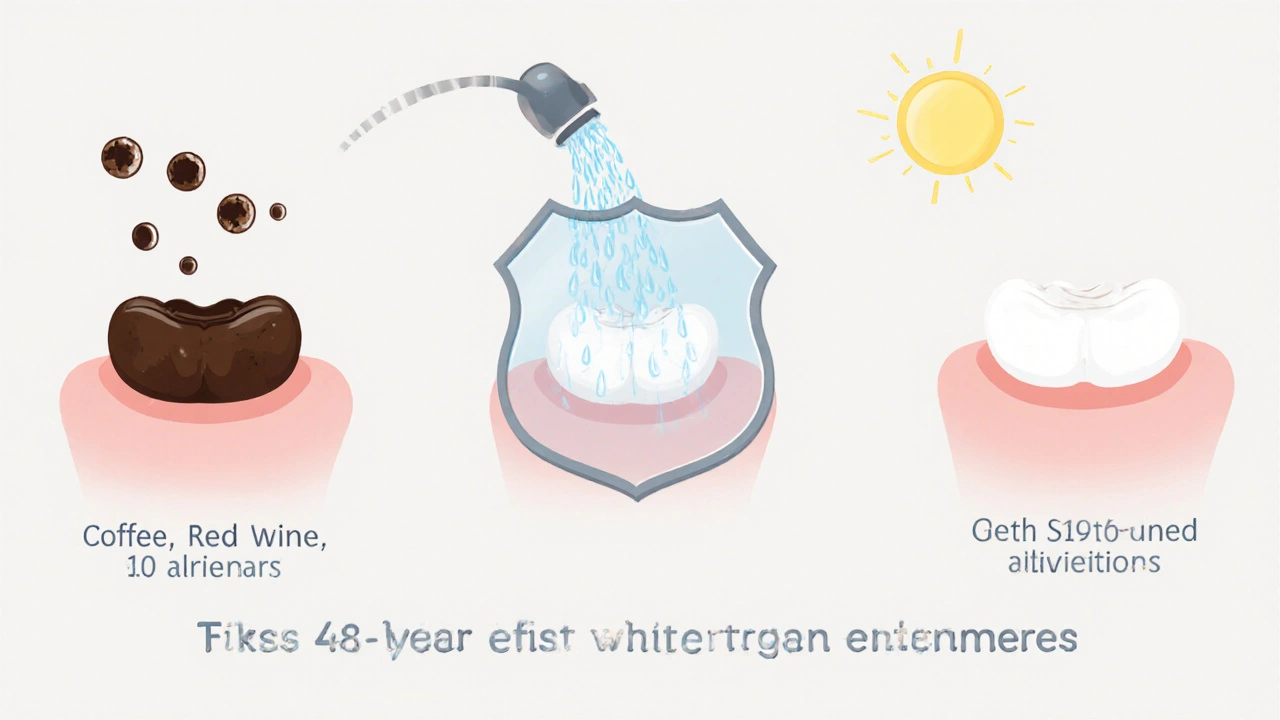 Ilustrace ochrany zubů po bělení: znečišťující látky odstraňovány vodou k zachování bílé barvy.