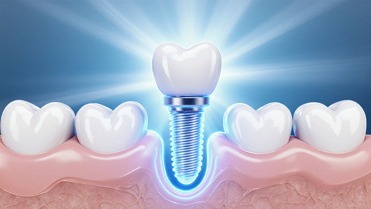 Implantát se integruje do čelisti s keramickou korunkou nad dásní.
