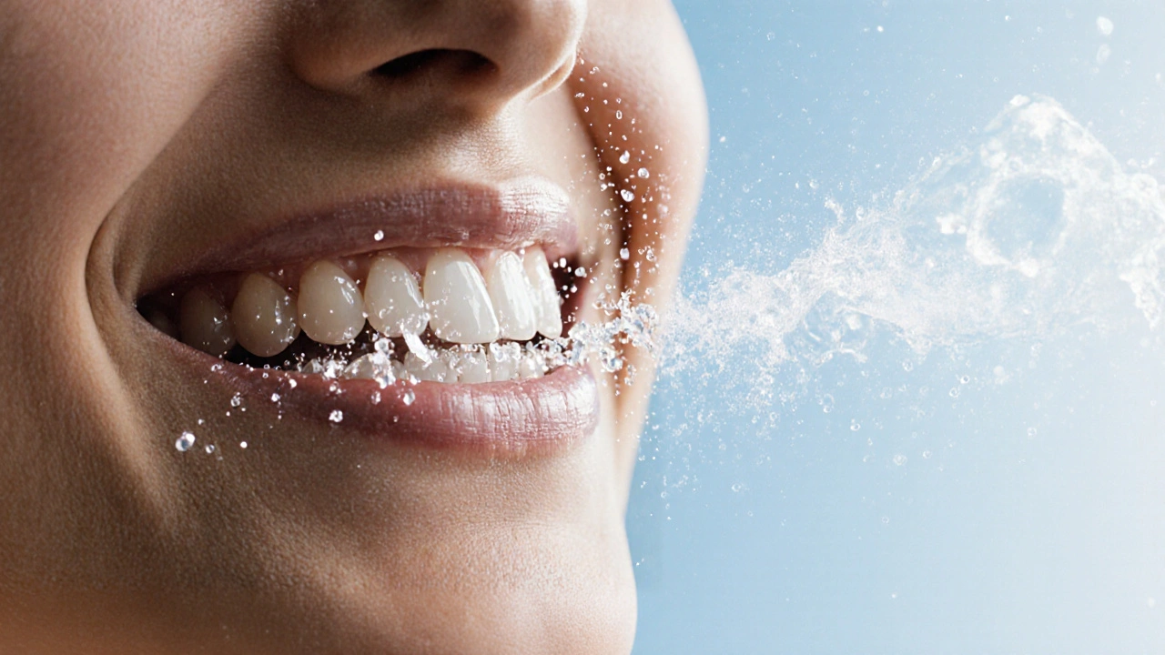 Jemný proud vzduchu a prášku čistí zuby od biofilmu a skvrn, jako přírodní větrání.