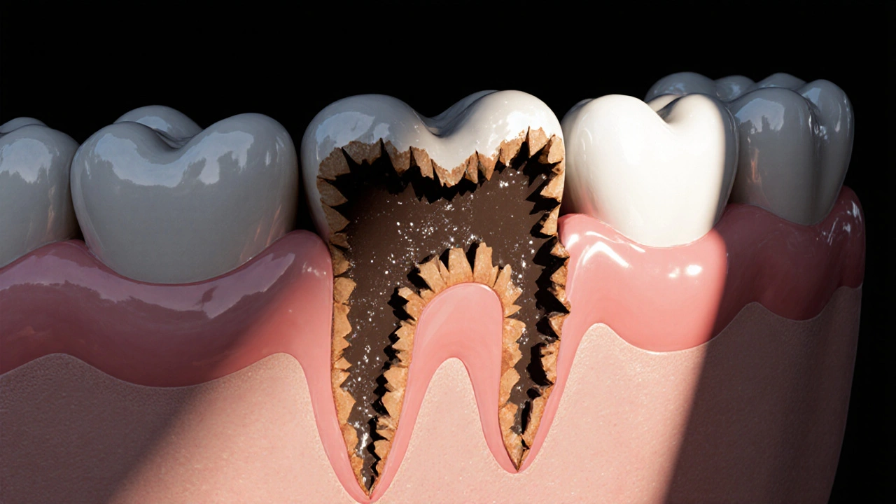 Kazu se prohlubuje do zubu, ničí sklovinu a dentin.