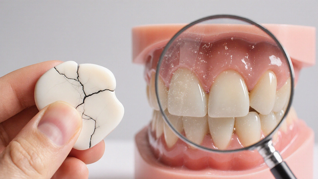 Keramická fazeta vedle zubního modelu s náznaky poškození a mikroprasklin.