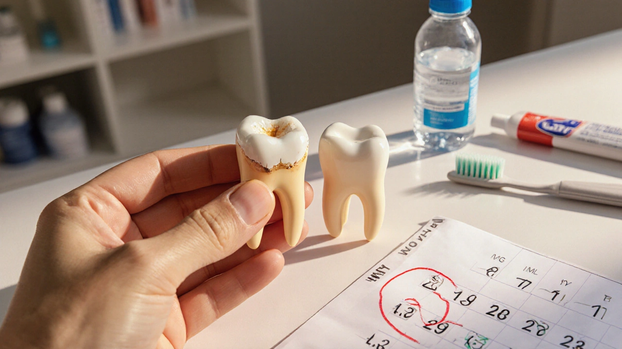 Keramická vložka vedle poškozeného zubu s nástroji pro péči o zuby.