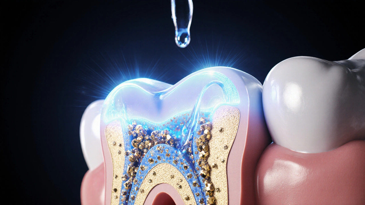 Křehká obnova zubní skloviny pomocí fluorapatitu a slin.