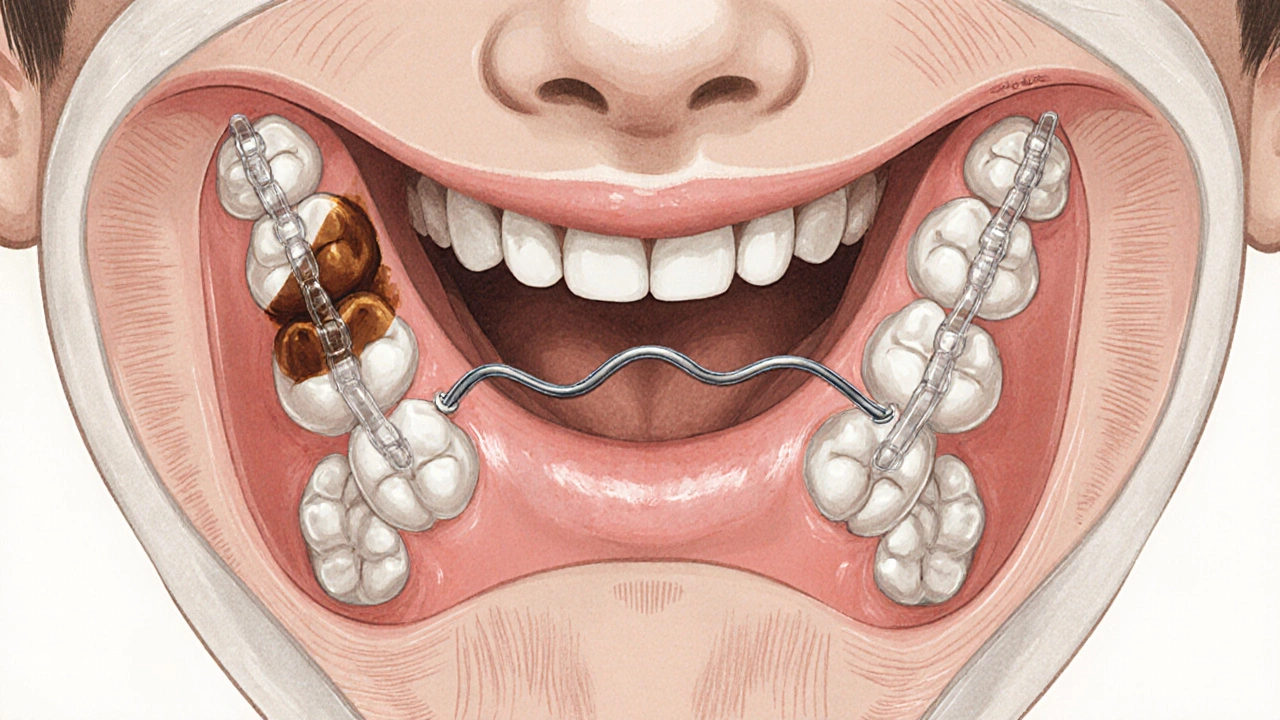 Křížový řez úst s keramickými rovnátky a zbarveným gumovým kroužkem.