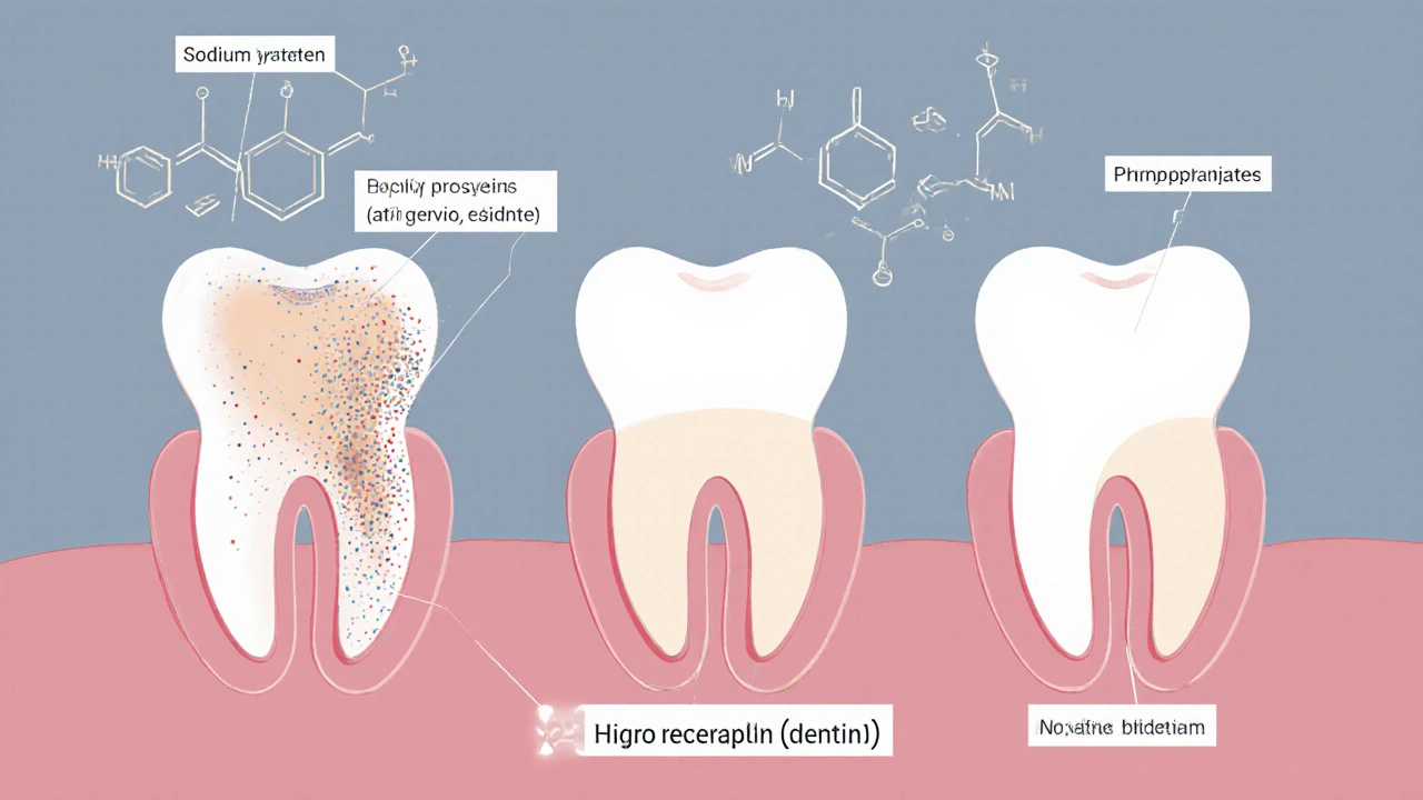 Křížový řez zubu s povrchovými čisticími látkami, které nepronikají do dentinu, vizuálně znázorněno bez textu.