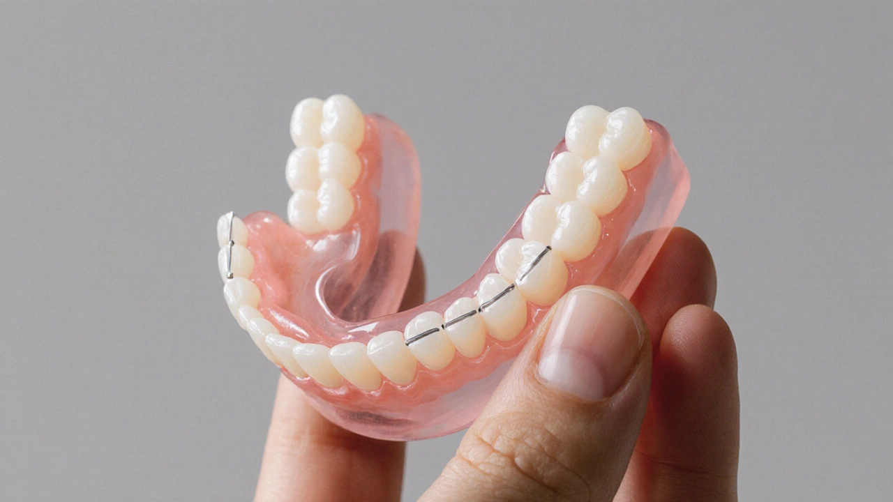 Modern removable partial denture with invisible nylon frame and magnetic attachments.
