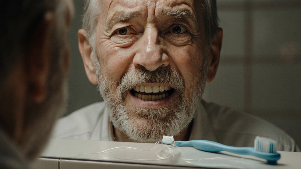 Muž se dívá do zrcadla a vidí tmavý zubní kámen u základů zubů.