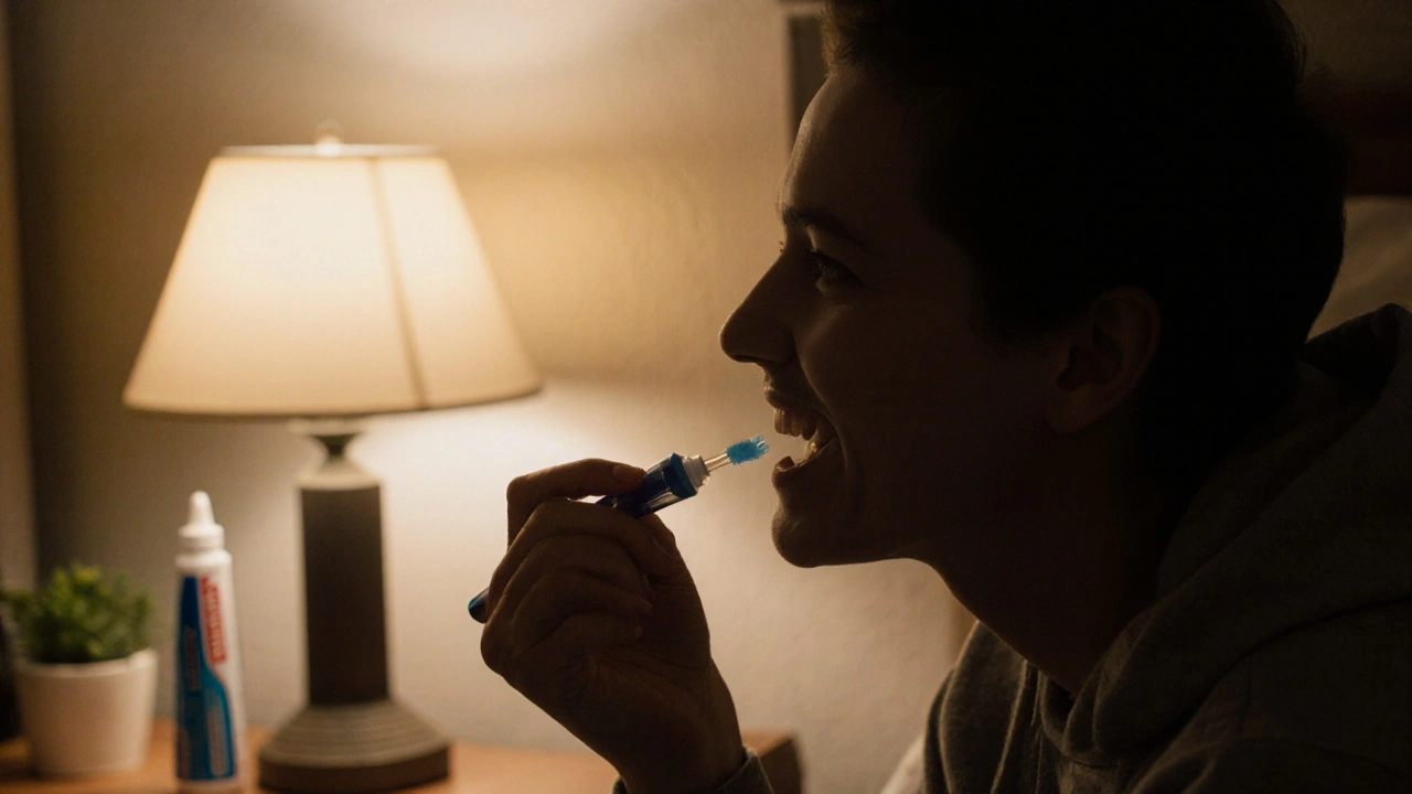 Osoba aplikuje fluoridový gél na zuby večer po čištění.