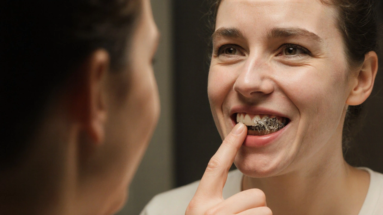 Osoba se dívá do zrcadla a přejet prstem po zubech, kde cítí hrubý povrch kamene.