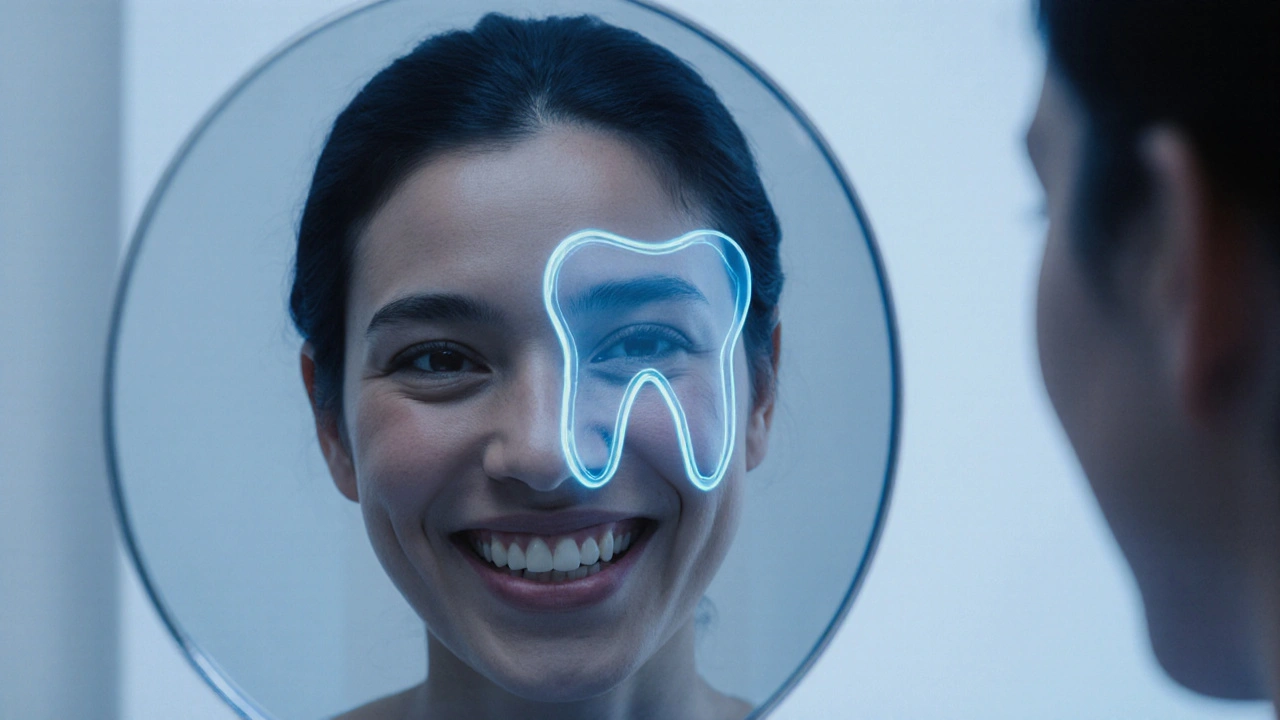 Osoba se dívá do zrcadla, chybějící drtič je vidět jako průhledný kontur, tvář zhroutená.