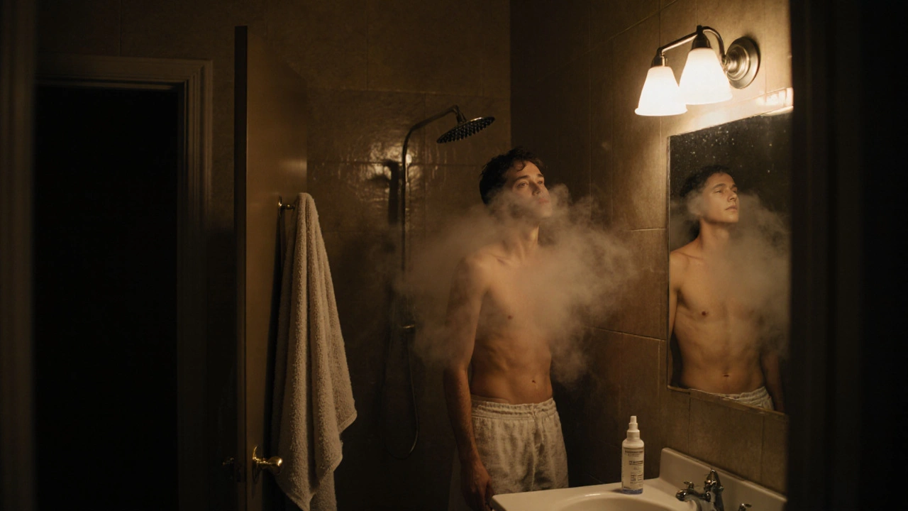 Osoba v koupelně pod horkou sprchou, pára se šíří, nosní kapky na umyvadle.