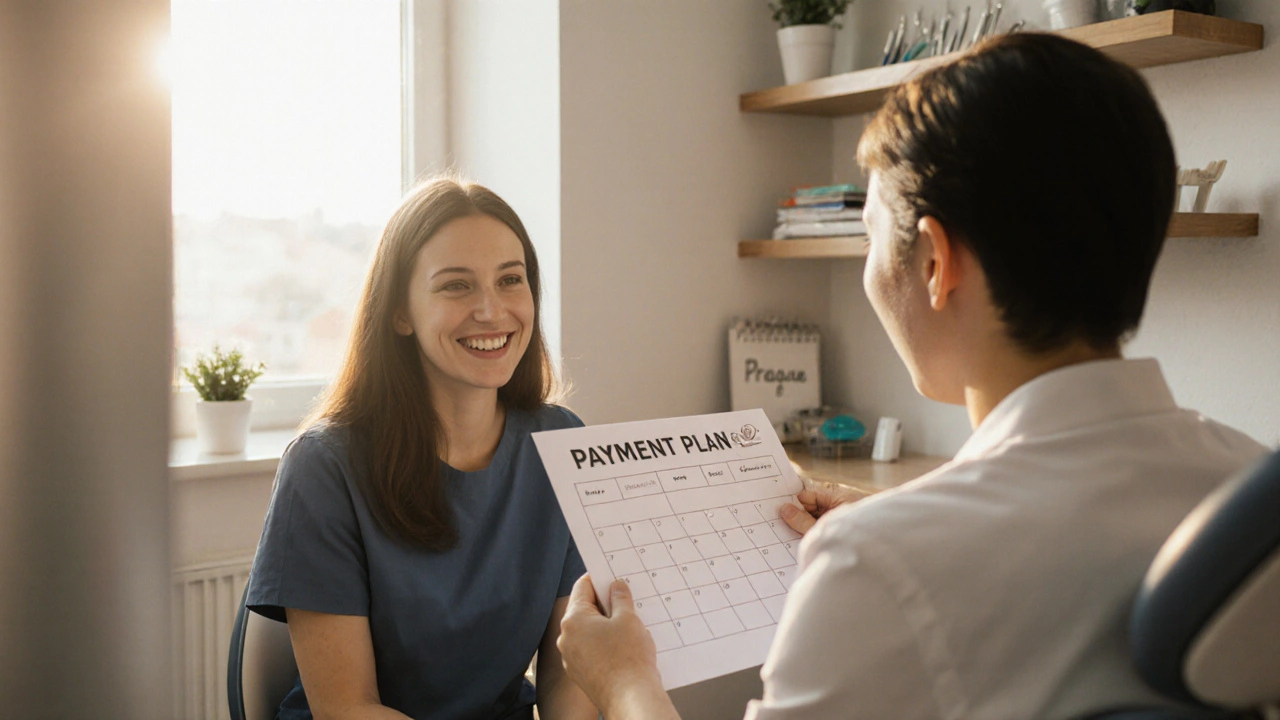 Pacient a zubní lékař spolu projednávají splátkový plán.