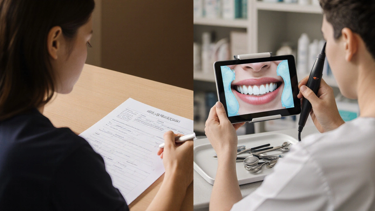 Patient completing medical history form while dentist shows dental images on a tablet screen.