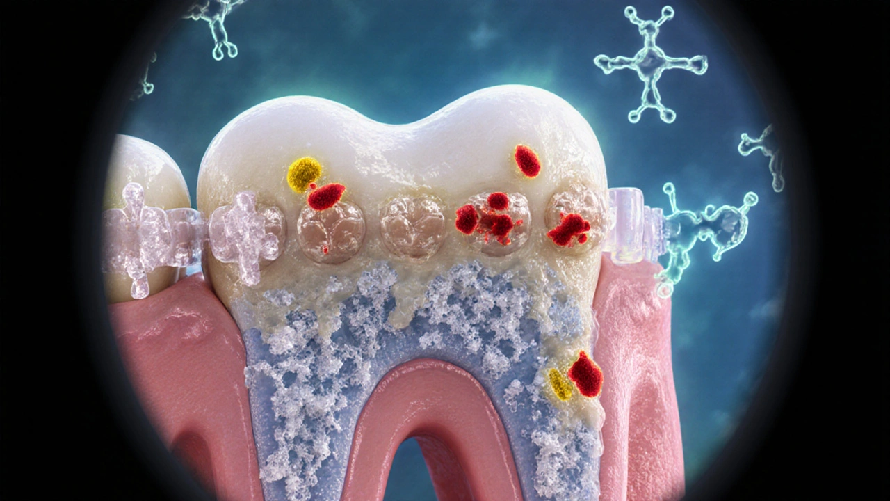 Pod mikroskopem bakterie ničí zubní sklovinu kolem závěsů, zatímco minerály pomalu obnovují povrch.
