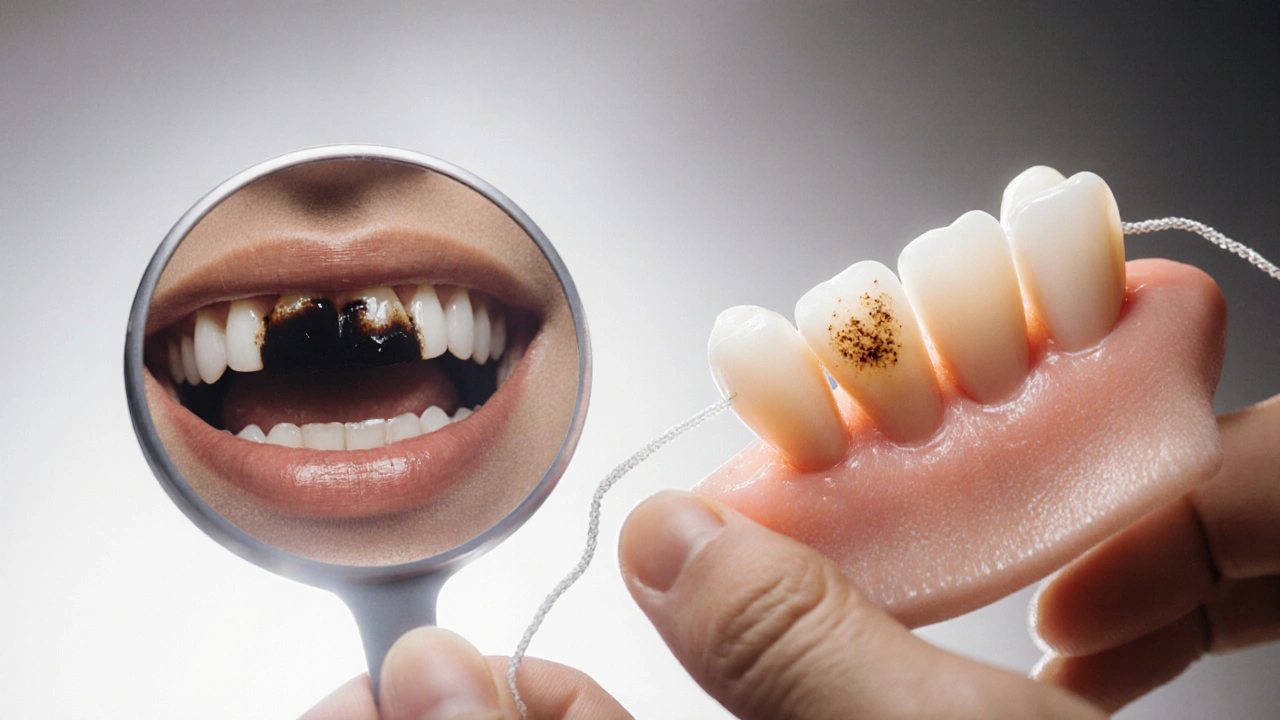 Porovnání povrchového pigmentu a kazu na zubu.