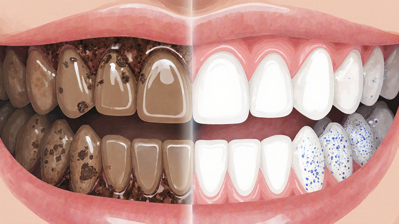 Porovnání zubů před a po air-flow: ztmavené vs. čisté a lesklé zuby.