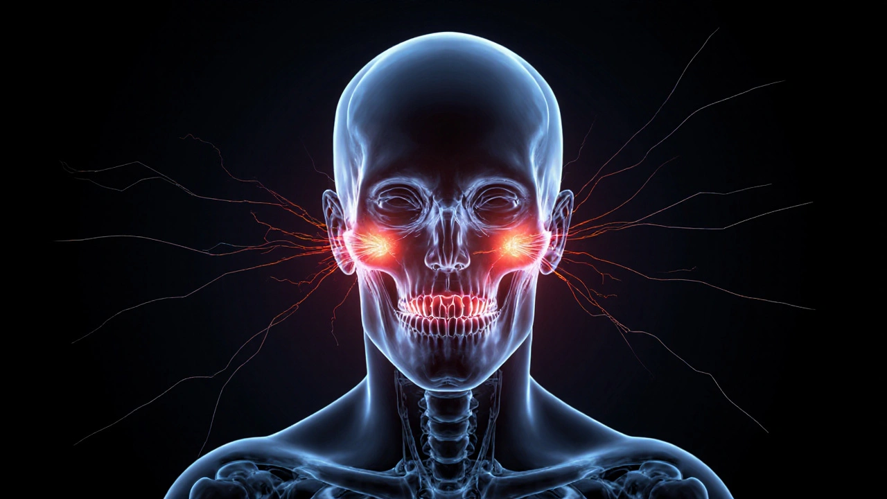 Přehled lebky s viditelným tlakem na zuby způsobujícím fazety