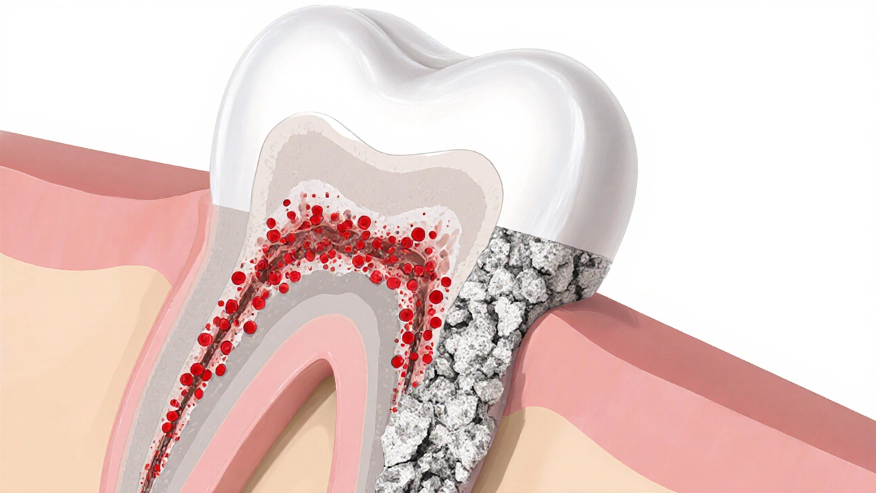 Příčný řez zubem ukazující přechod plaku na zubní kámen a ztrátu kosti pod dásní.