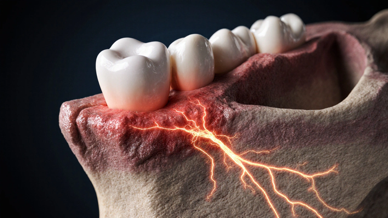 Průřez čelistní kostí s nádorovým růstem a uvolněným zubem, zobrazený jako anatomická ilustrace.