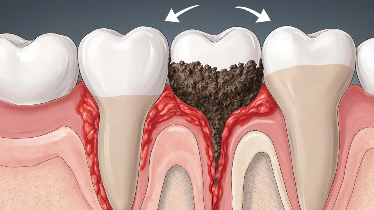 Průřez zubu s kamenem pod dásní, zánětem a ztrátou kosti v okolí.